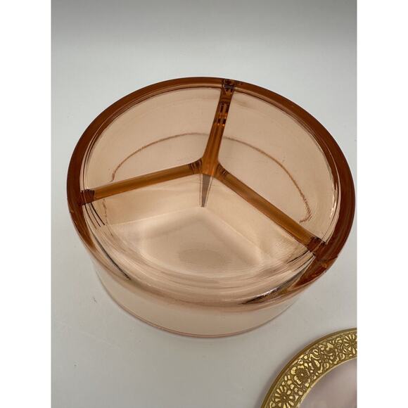 Pink Depression Glass 3 Section Gilt and Etched Top Dressing Table Box RARE! - Picture 5 of 8